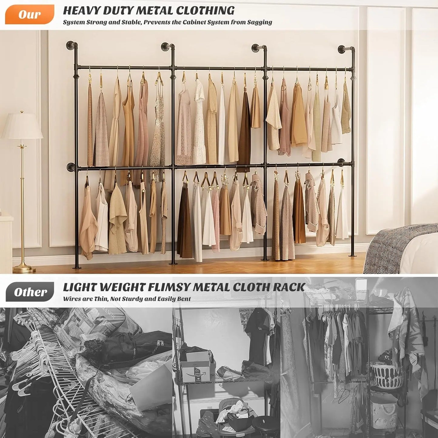 Reversible 9.85FT Heavy Duty Wall Mounted Clothes Rack, L-Shaped Walk-in Closet System in Black