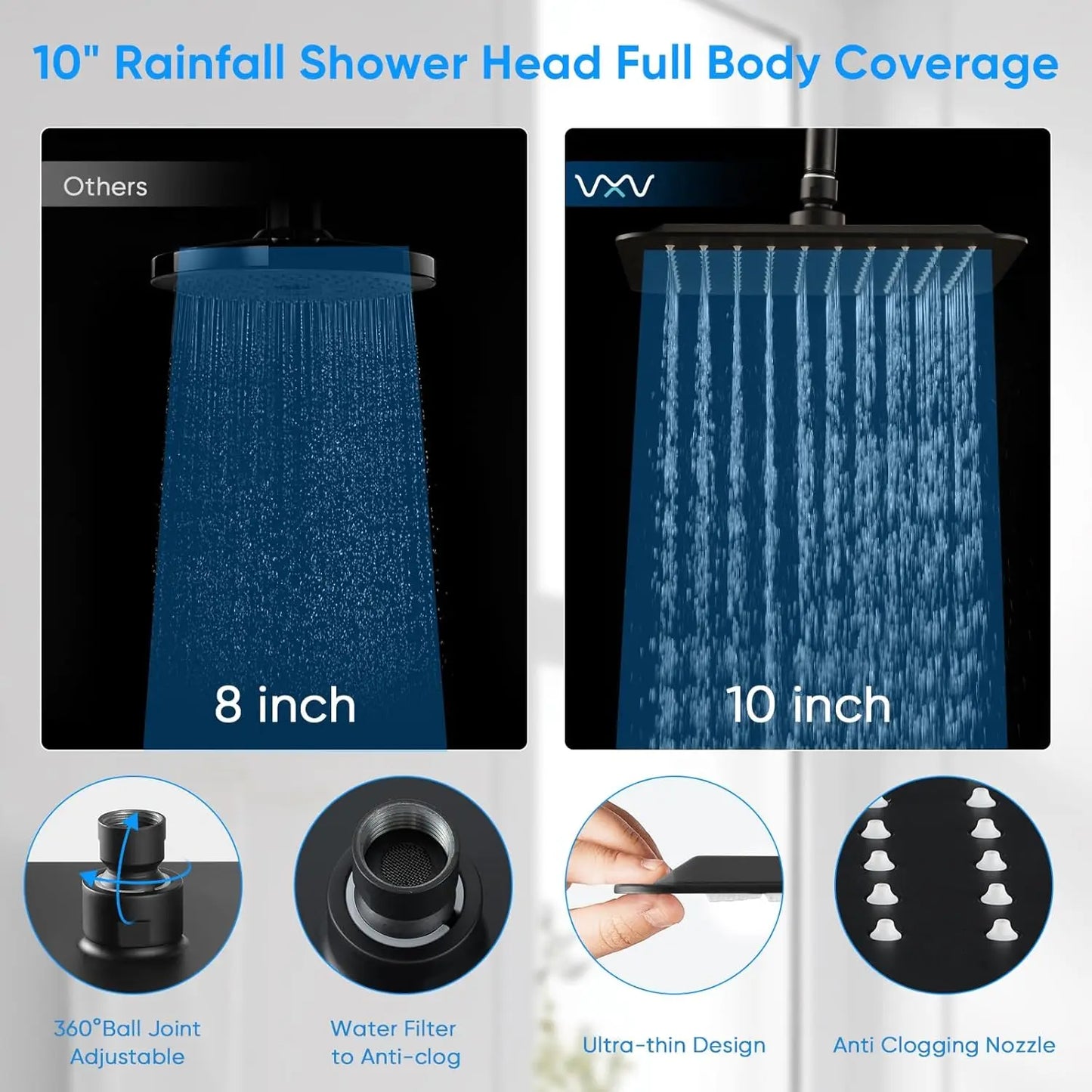 10-Inch Filtered Shower Head with 7 Settings, High Pressure Dual Shower Combo and Adjustable Height in Matte Black