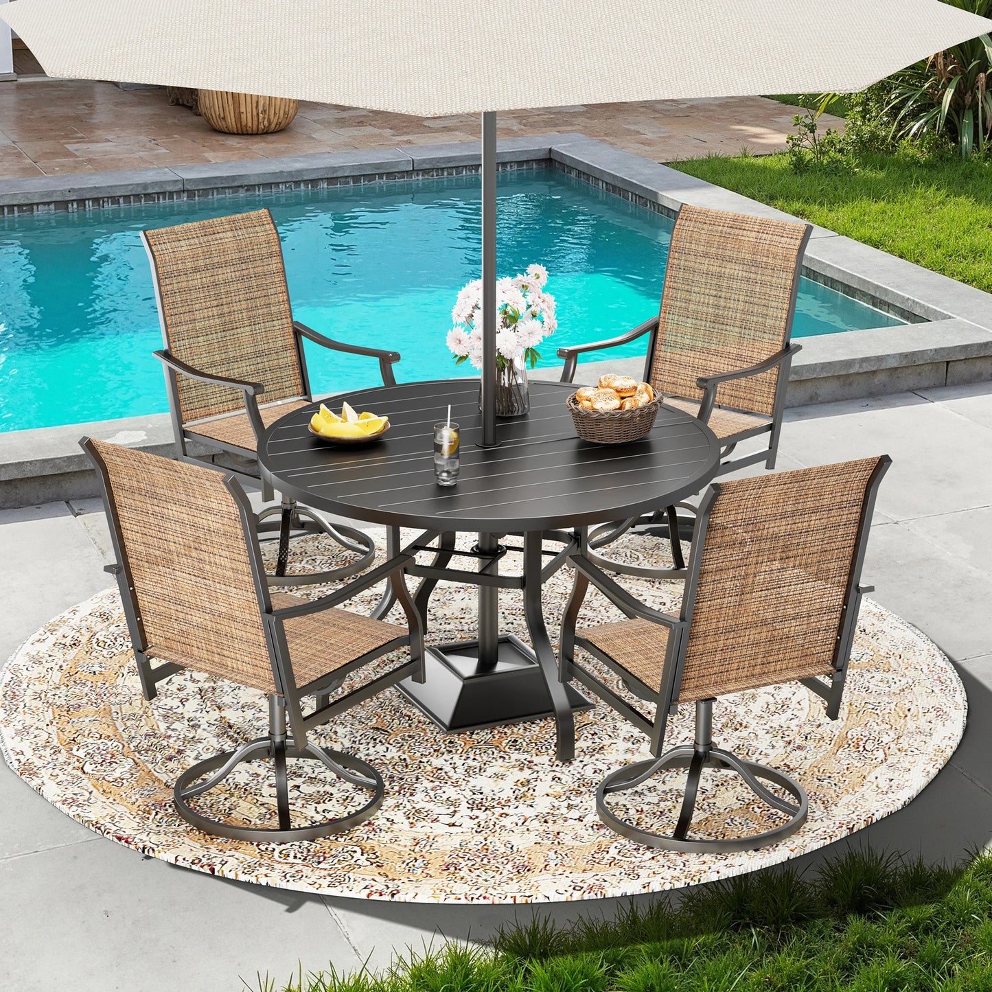 FARINI Outdoor Round Patio Dining Table With Umbrella Hole Metal