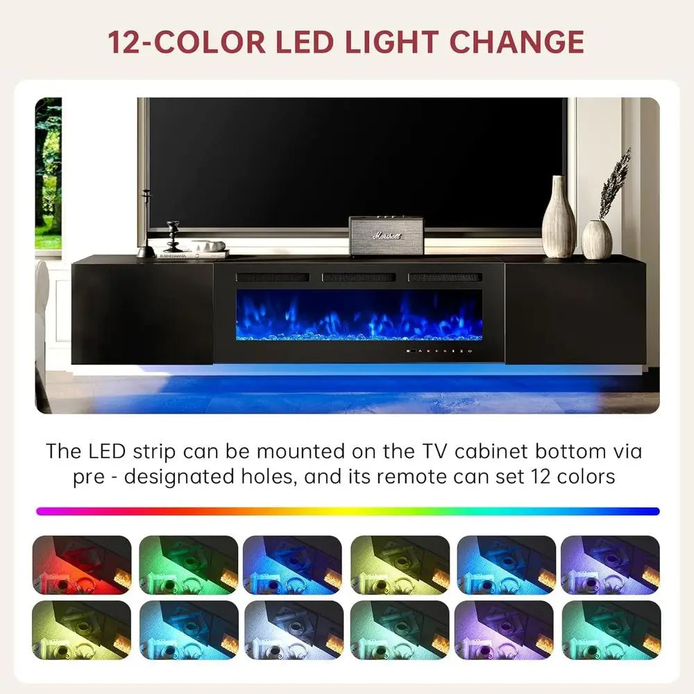 80'' Floating TV Stand with 40" Electric Fireplace, Modern TV Console Cabinet Wall Mounted, Media Entertainment Center, Adjustab