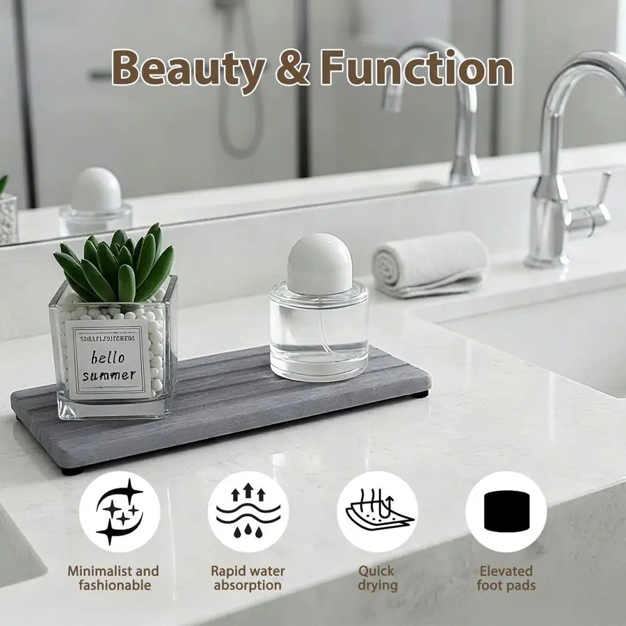 Stone Bath Mat for Bathroom with Absorbing Tray, 2Piece Set Includes 24x16 Inch Quick Drying Diatomaceous Earth Bath Mat amp 8x4