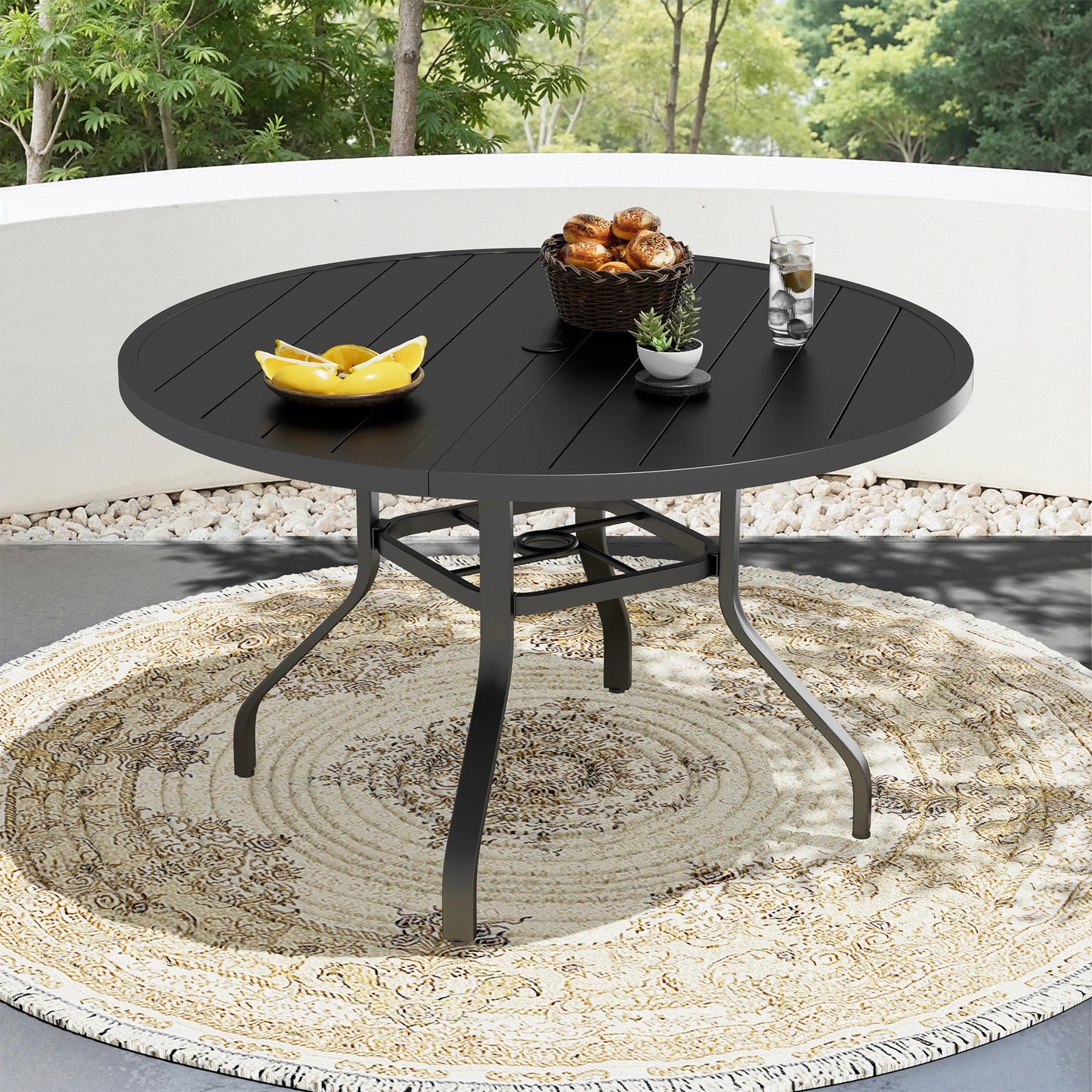 FARINI Outdoor Round Patio Dining Table With Umbrella Hole Metal