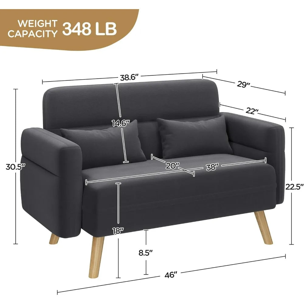 46" Mid Century Modern 2 Seater Fabric Sofa Loveseat Lumbar Pillows Solid Wood Legs Dark Gray Small Spaces Living Room Office