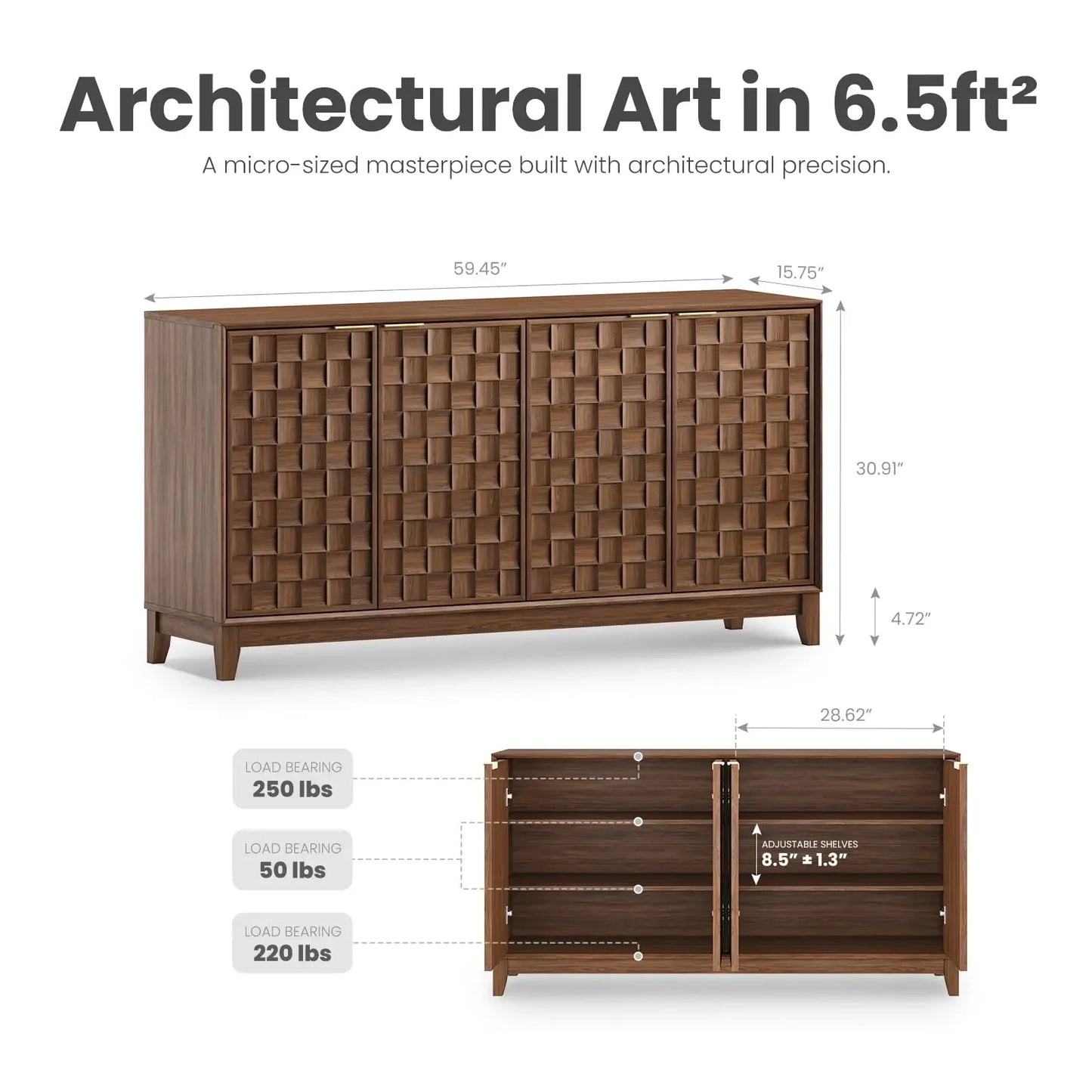 Modern 4 Door Sideboard With Checkerboard Design Solid Wood Legs