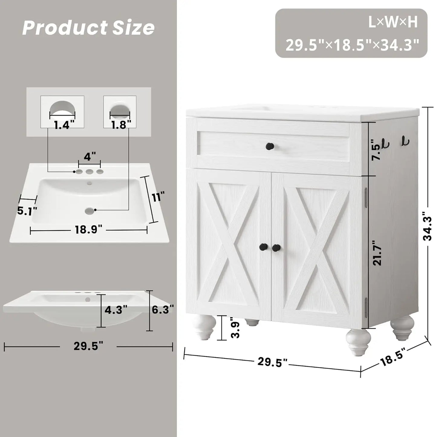 30 Inch Bathroom Vanity with Sink Easy-to-Install Farmhouse Bathroom Sink 2-Tier Storage Areas with Adjustable, Customized