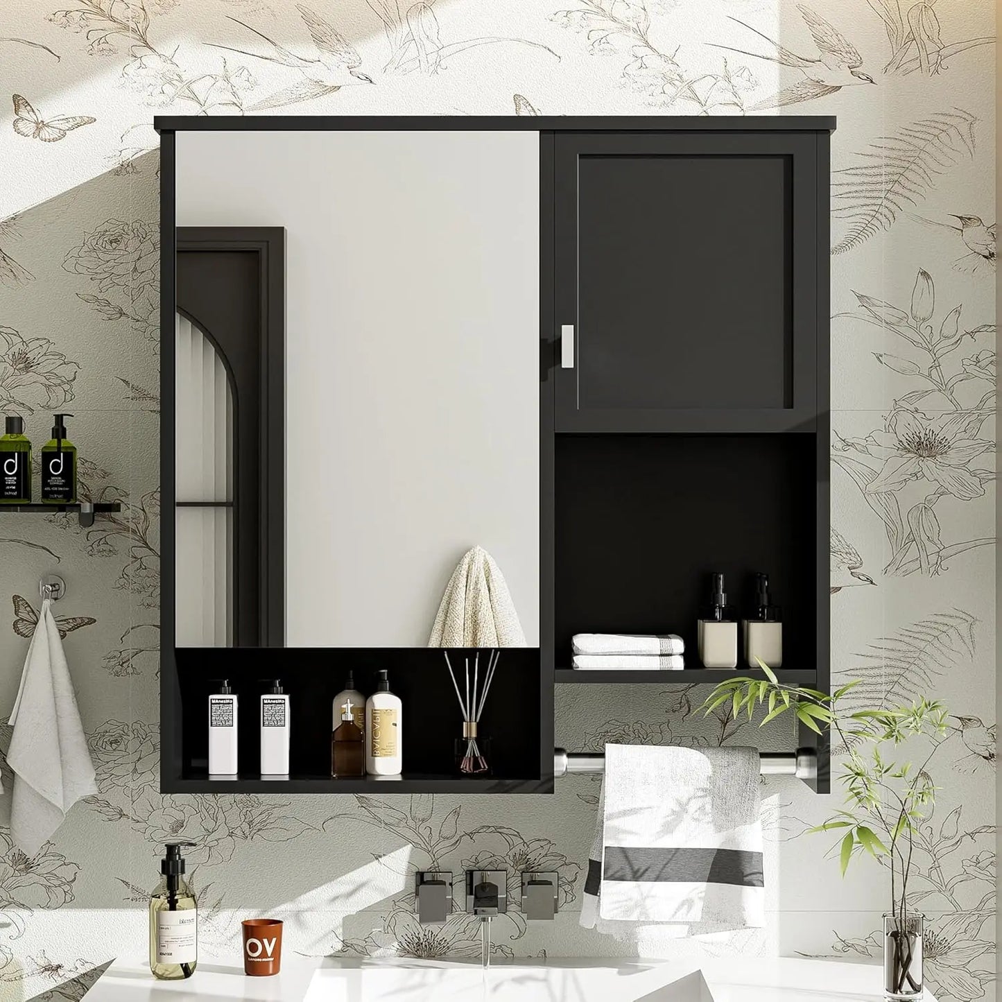 Medicine Cabinet for Bathroom, Wall Mount Bathroom Cabinet with Mirror, Open Shelf, and Towel Bar, 29.5" W x 28.7", Customized