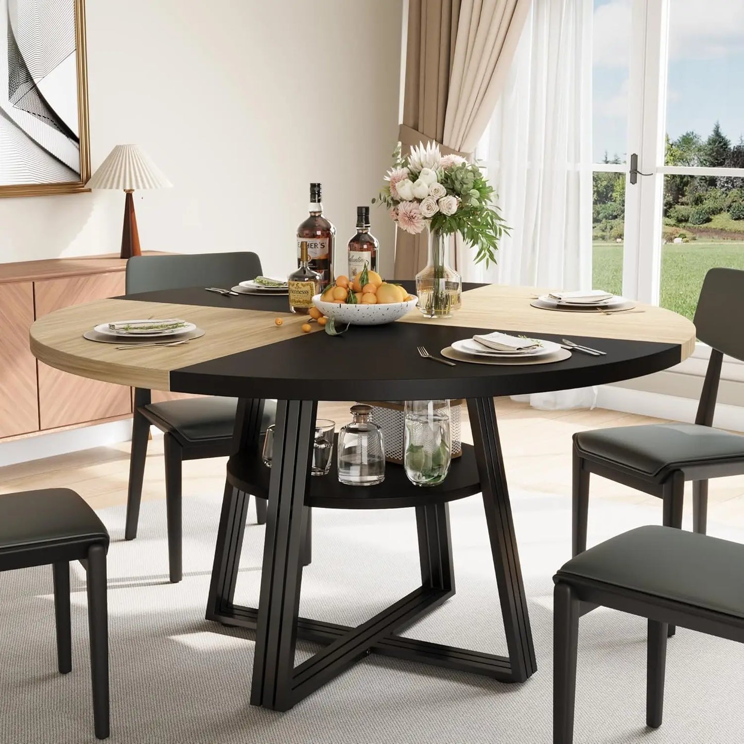 HobbyLane Farmhouse Round Dining Table With Scratch Proof Wood Top Seats 4 To 6