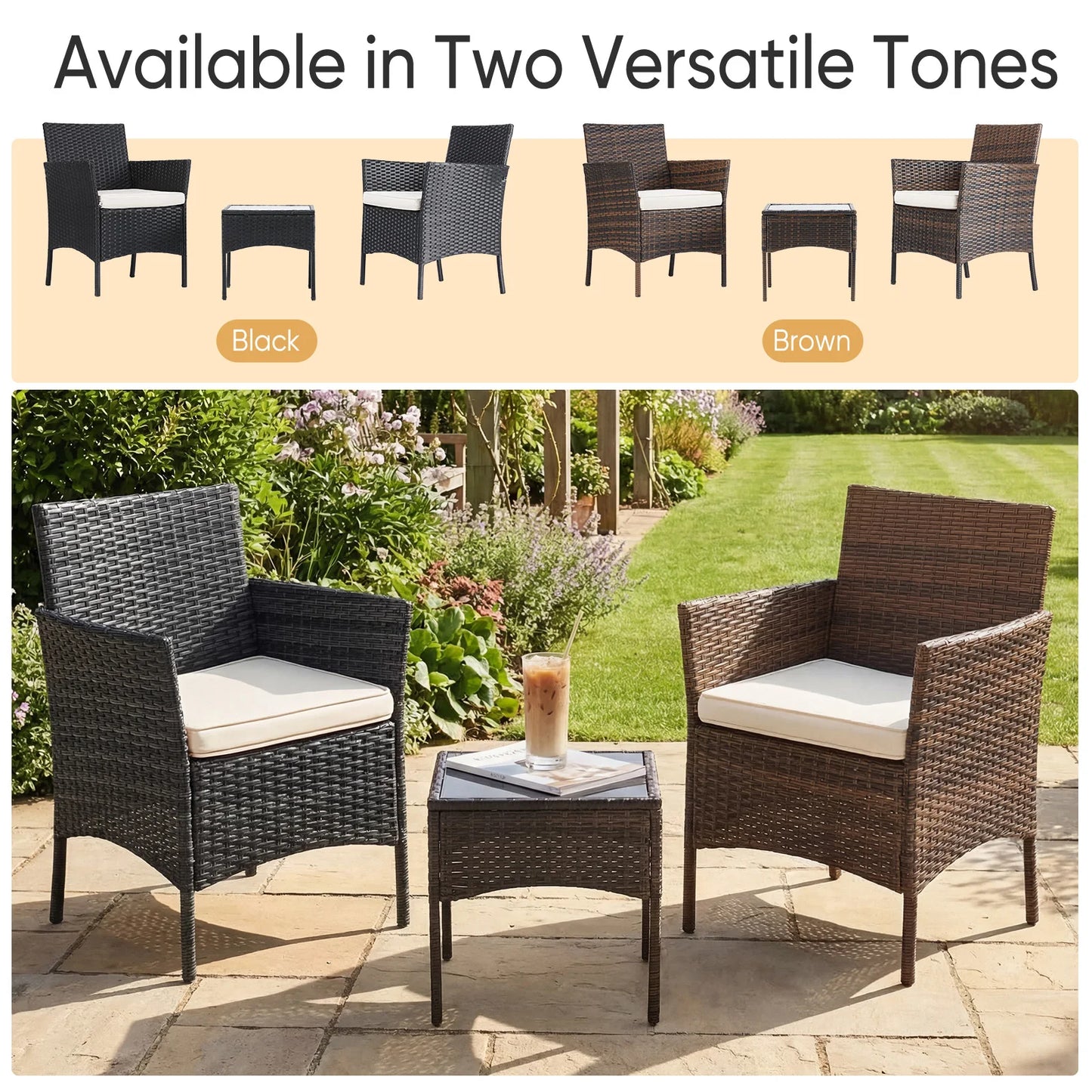 JHK Outdoor Patio Furniture Set With Wicker Rattan Chairs And Glass Table