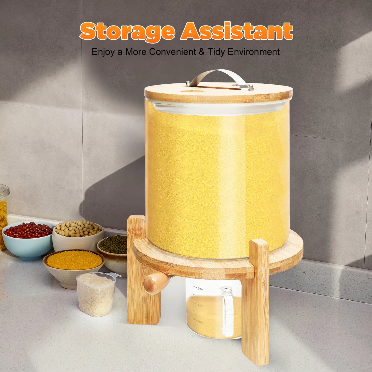 Airtight Glass Food Storage Container For Cereal Dispenser With Bamboo Lids