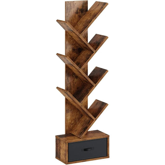 Rolanstar 7 Tier Tree Bookshelf  Drawer Storage Rack Tall Narrow Standing Bookcase for CDs Movies Books Living Room Rustic Brown