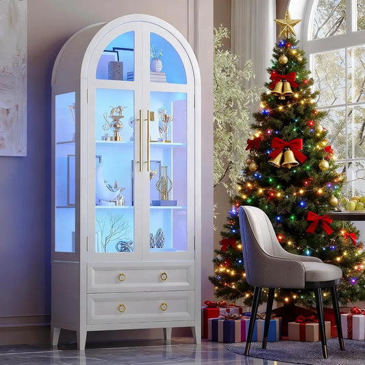 71 Inch Arched Curio Cabinet, 4-Tier Display Cabinet and 2 Drawers, Tall Bookcase with 3 Color Lights, Display Case with Glass D