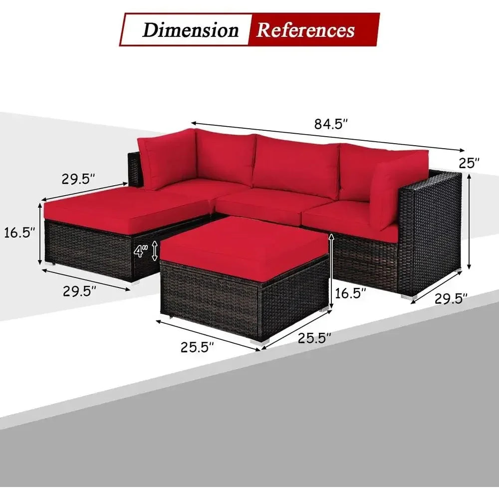 5 Piece Outdoor Patio Furniture Set With Cushioned Rattan Sectional