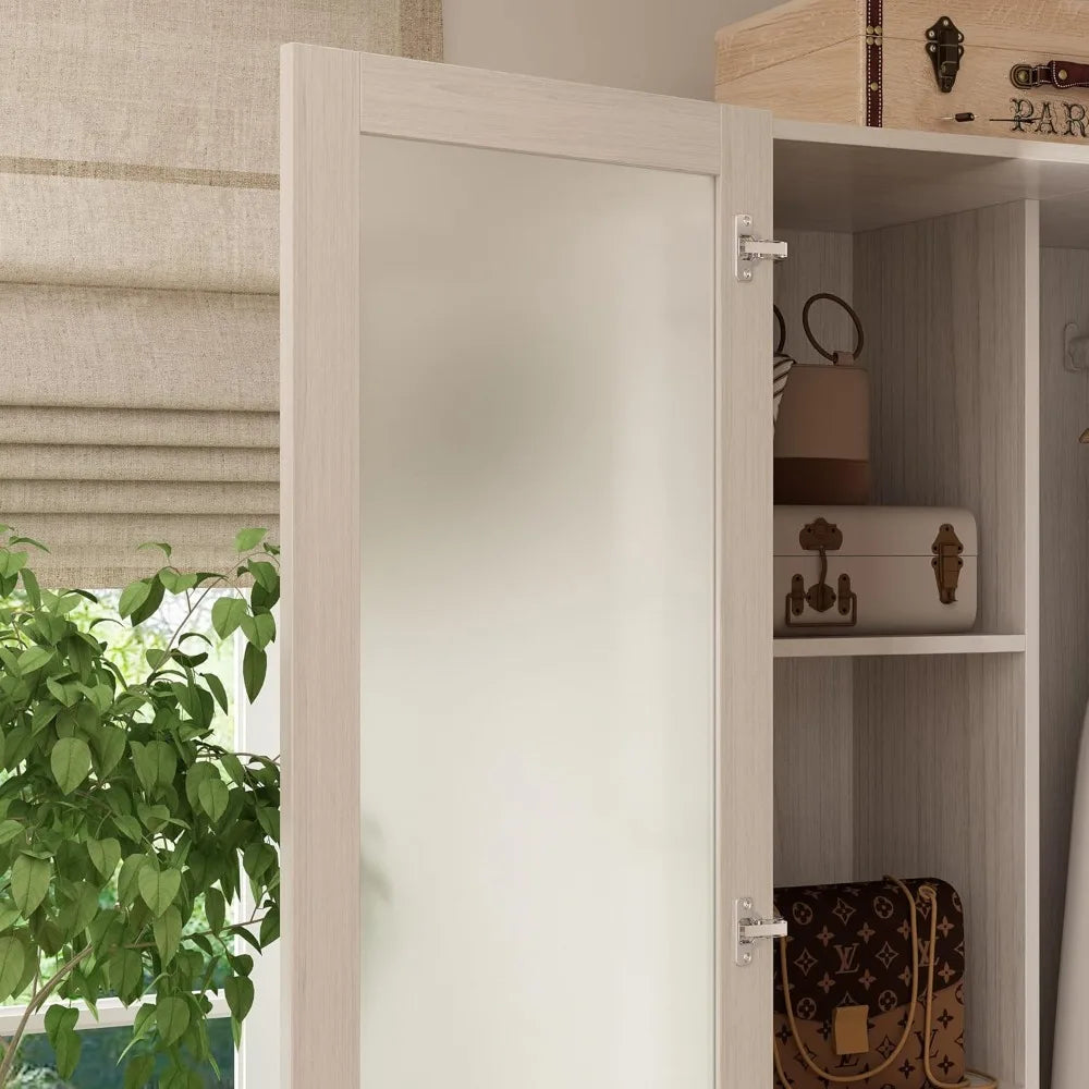 Corner Wardrobe Cabinet, Modern Wood Armoire Closet with Frosted Glass Doors, Bedroom Wardrobe with Shelves & Hanging Rod for S