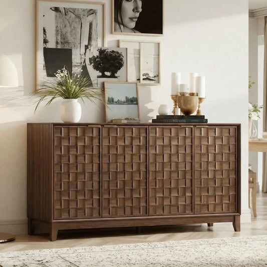 Modern 4 Door Sideboard With Checkerboard Design Solid Wood Legs