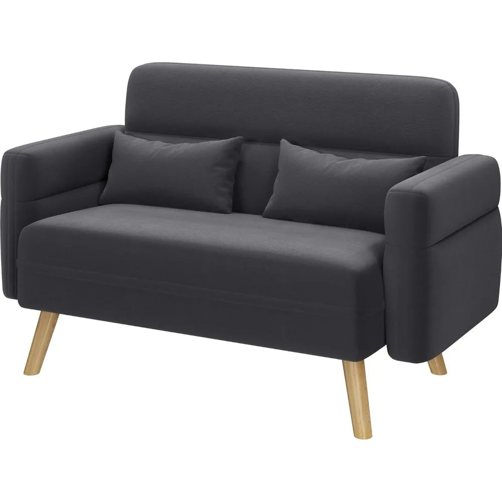 46" Mid Century Modern 2 Seater Fabric Sofa Loveseat Lumbar Pillows Solid Wood Legs Dark Gray Small Spaces Living Room Office