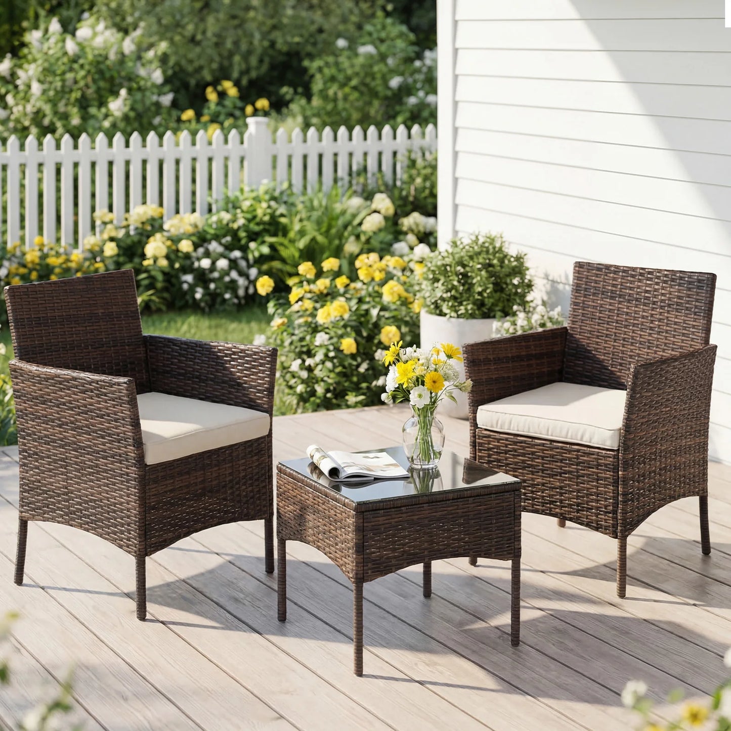 JHK Outdoor Patio Furniture Set With Wicker Rattan Chairs And Glass Table