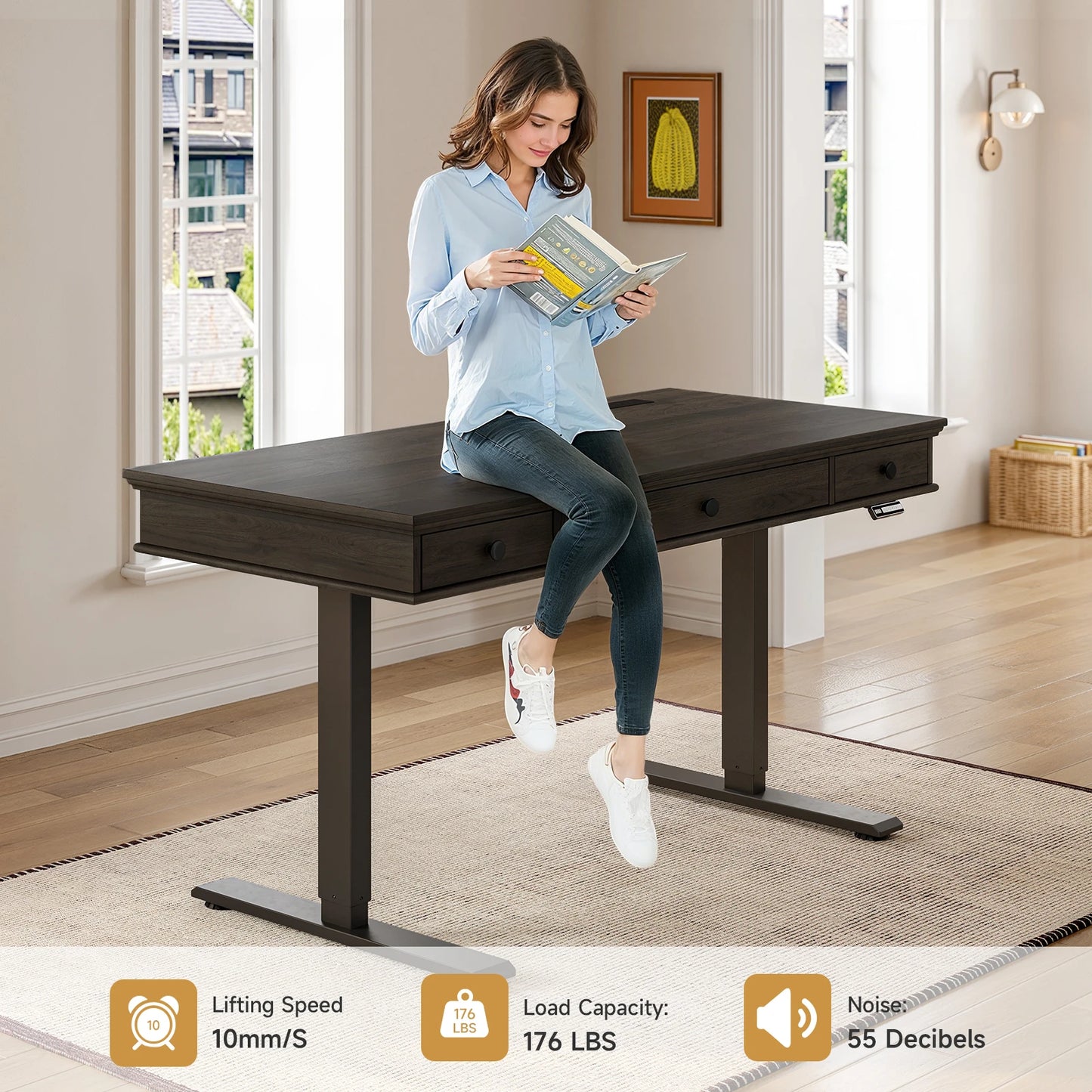Standing Desk, Height Adjustable Desk with Storage & Outlets, 55 x 23  Inch Electric Table for Office,  Curved Stand Up Desk