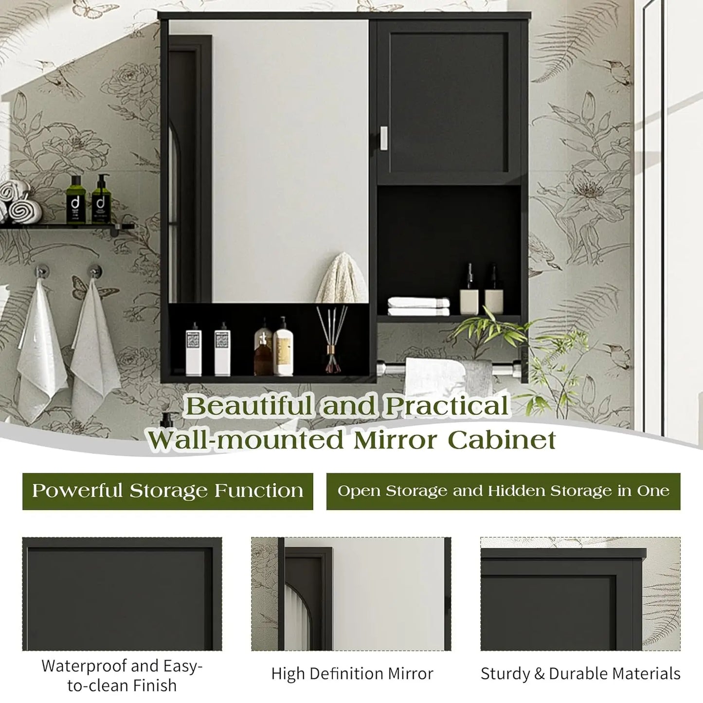 Medicine Cabinet for Bathroom, Wall Mount Bathroom Cabinet with Mirror, Open Shelf, and Towel Bar, 29.5" W x 28.7", Customized