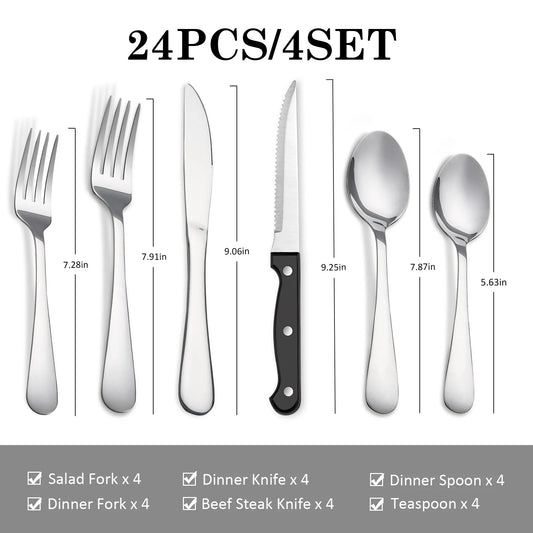 NONEDinnerware 24-Piece Stainless Steel Tableware Set for 4