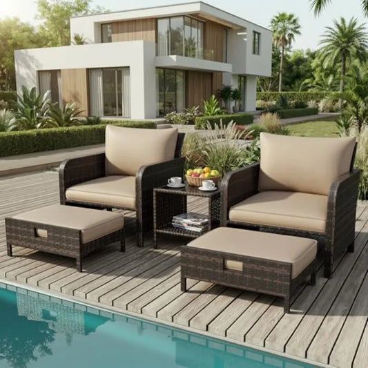 Patio Conversation Set 5 Piece Outdoor PE Rattan Wicker With Ottomans