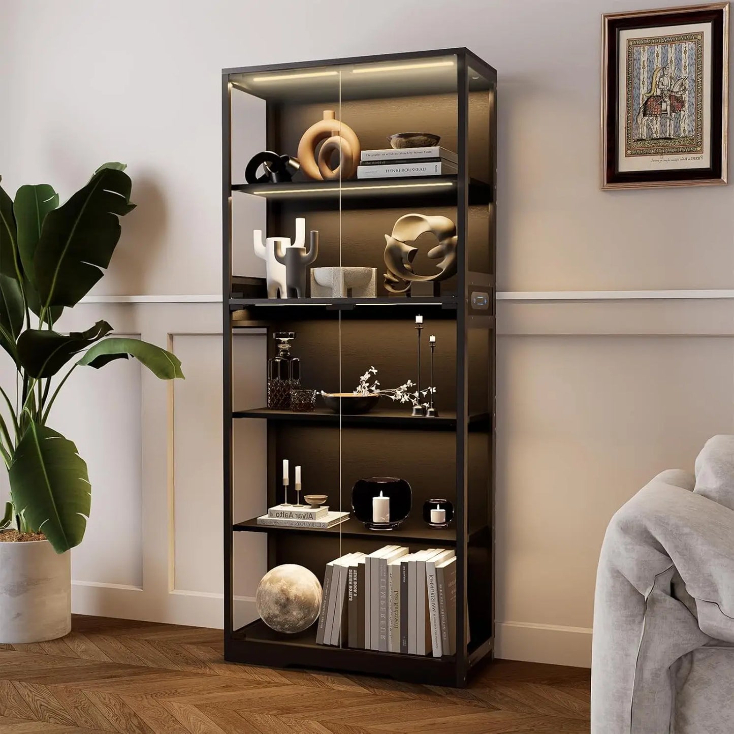 ZHILU 5 Tier Glass Door Display Cabinet For Collectibles LED