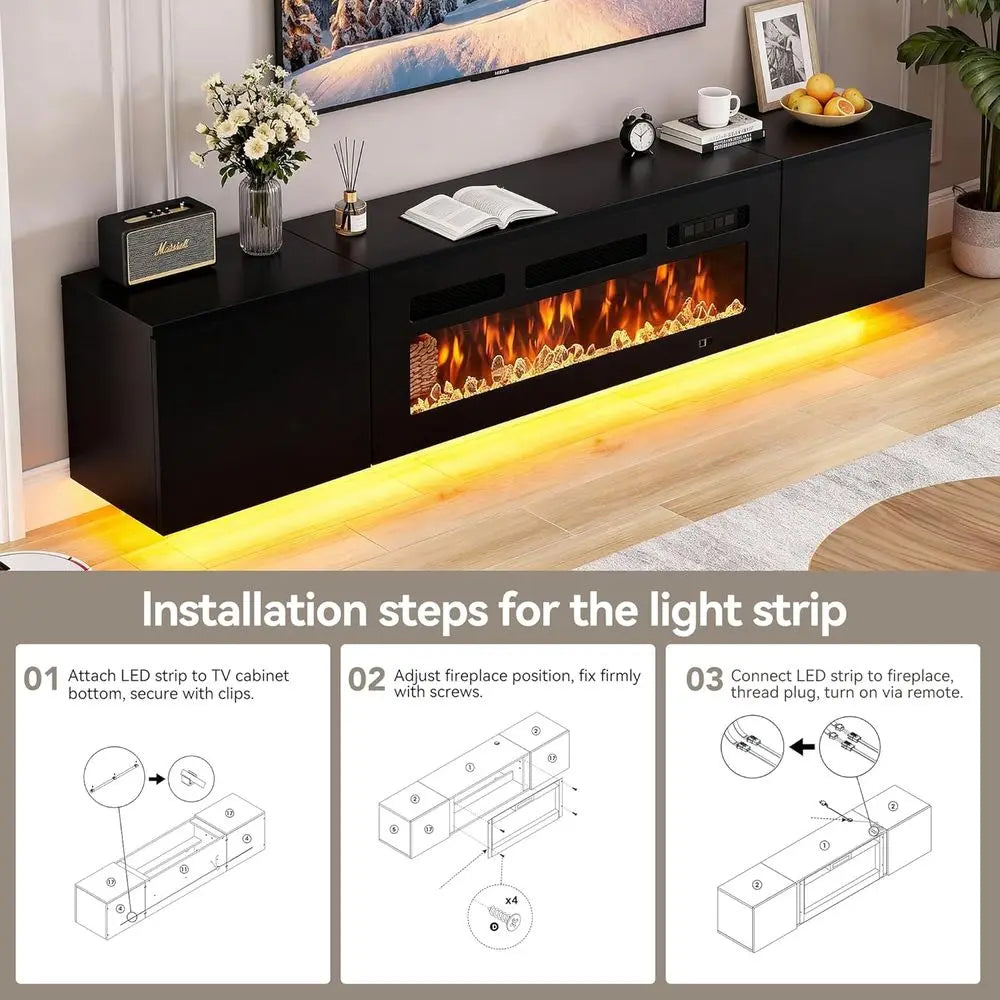 80'' Floating TV Stand with 40" Electric Fireplace, Modern TV Console Cabinet Wall Mounted, Media Entertainment Center, Adjustab