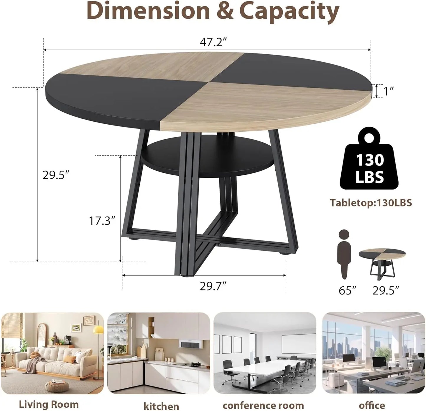 HobbyLane Farmhouse Round Dining Table With Scratch Proof Wood Top Seats 4 To 6