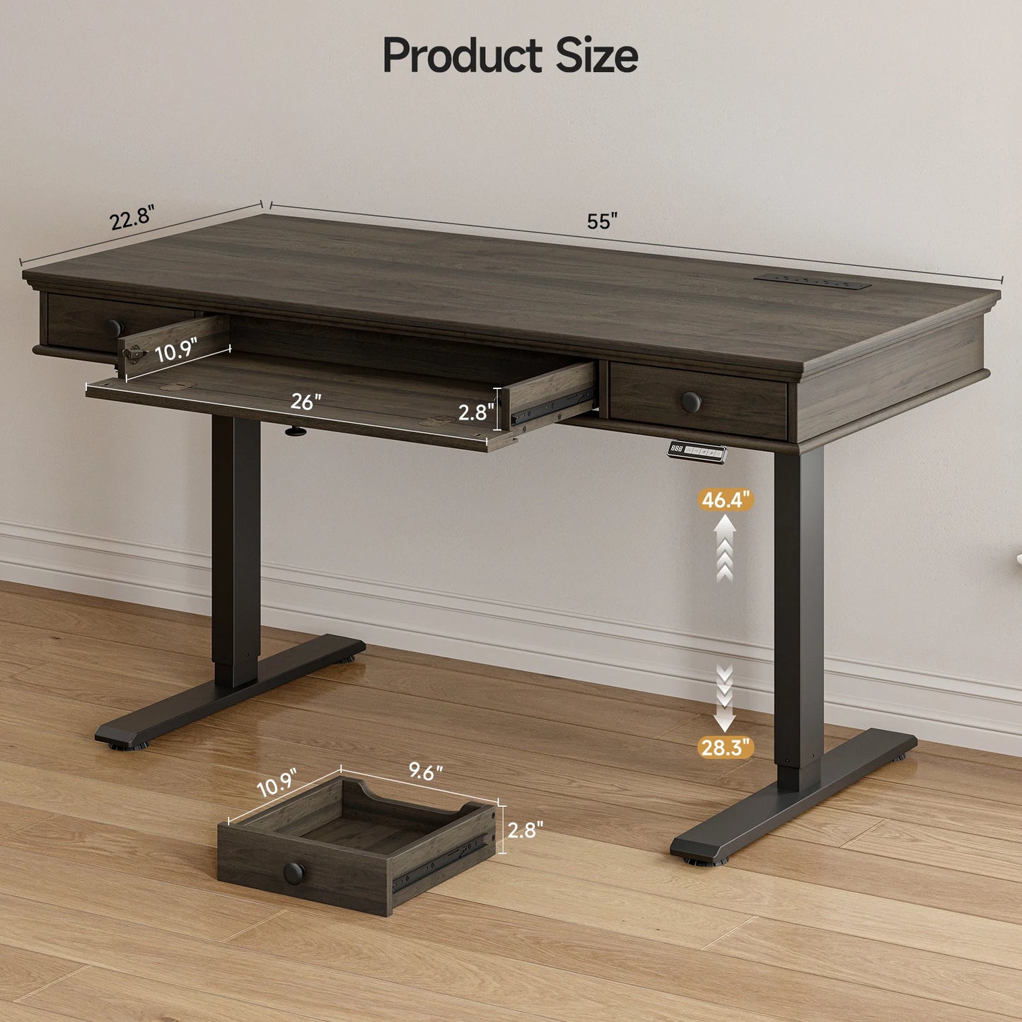 Standing Desk, Height Adjustable Desk with Storage & Outlets, 55 x 23  Inch Electric Table for Office,  Curved Stand Up Desk