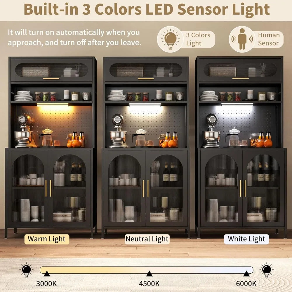 Kitchen Pantry Cabinet With LED Light And Adjustable Shelves