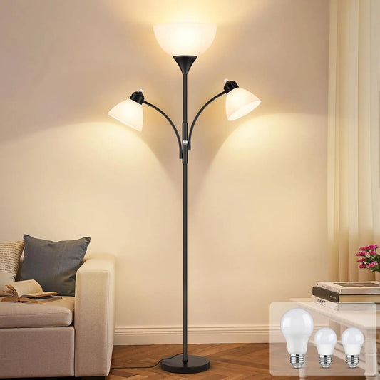 72-Inch Dimmable Floor Lamp with 2 Reading Lights, Black Standing Lamp for Living Room and Bedroom, Includes 3 Bulbs