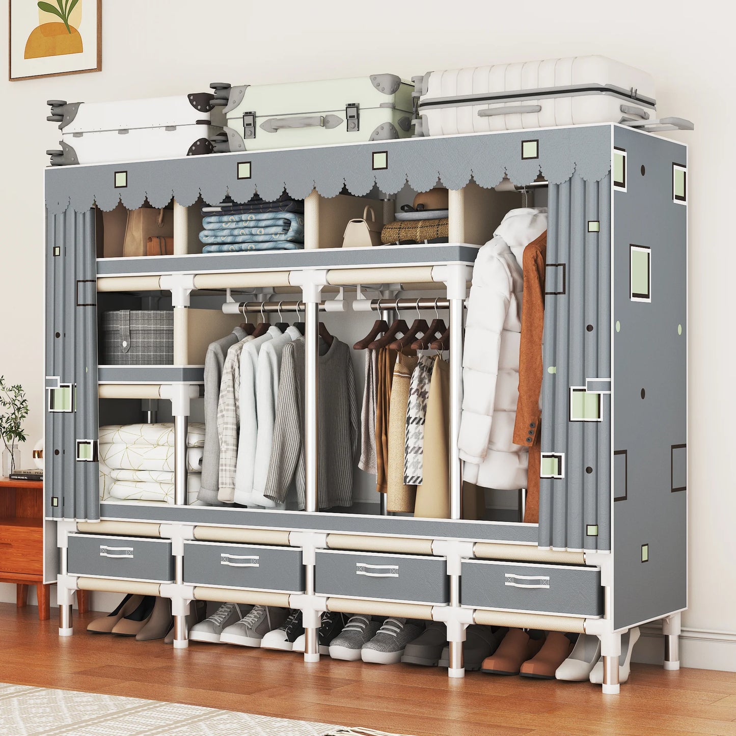 Portable Wardrobe clothes Closet Hanging Organization Metal Frame 5 Storage Compartments 3 Hanging Rods 4 Drawers shoe rack