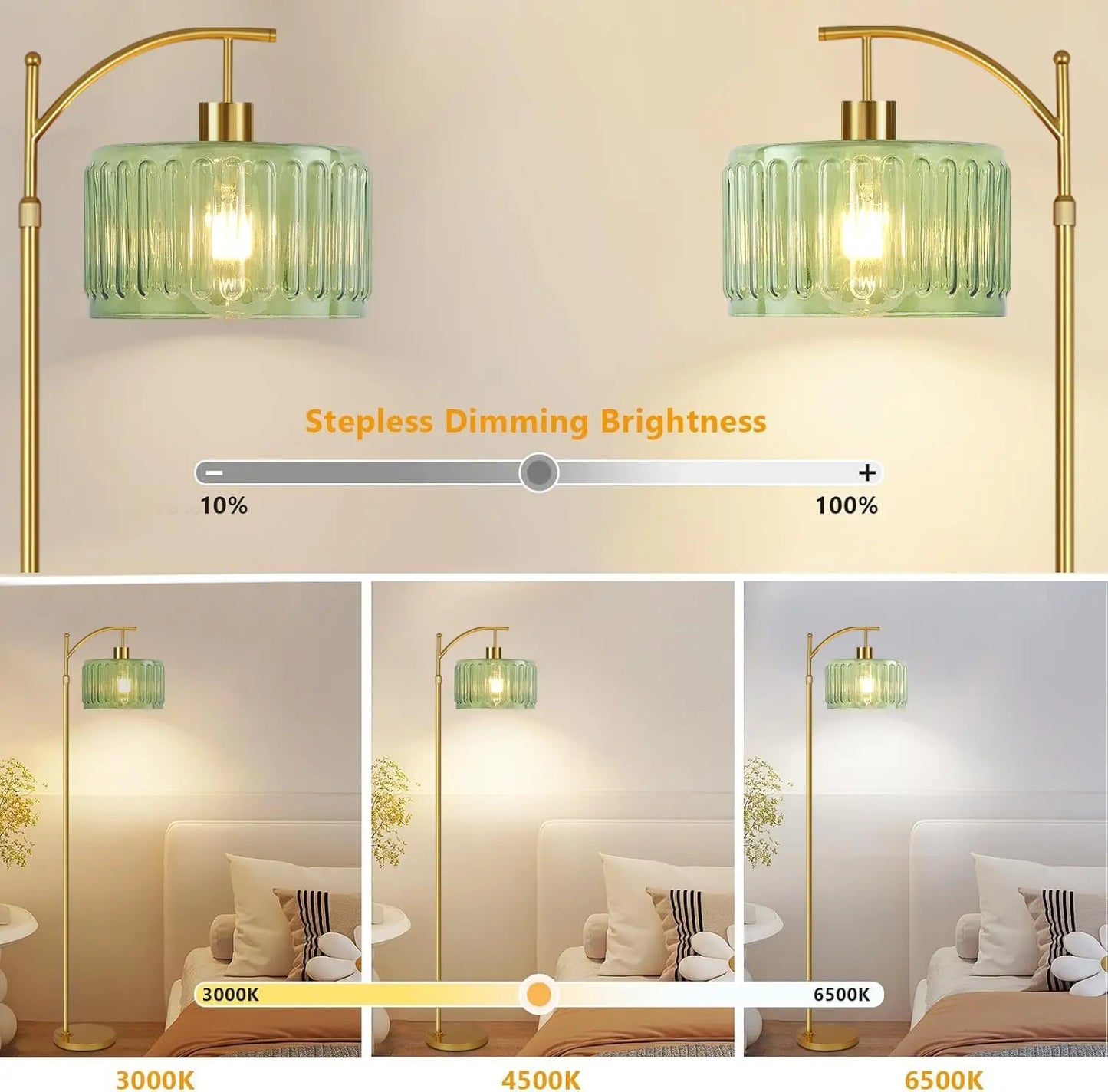 Gold Dimmable Floor Lamp with Remote, Mid-Century Modern Brass Standing Light for Living Room Bedroom