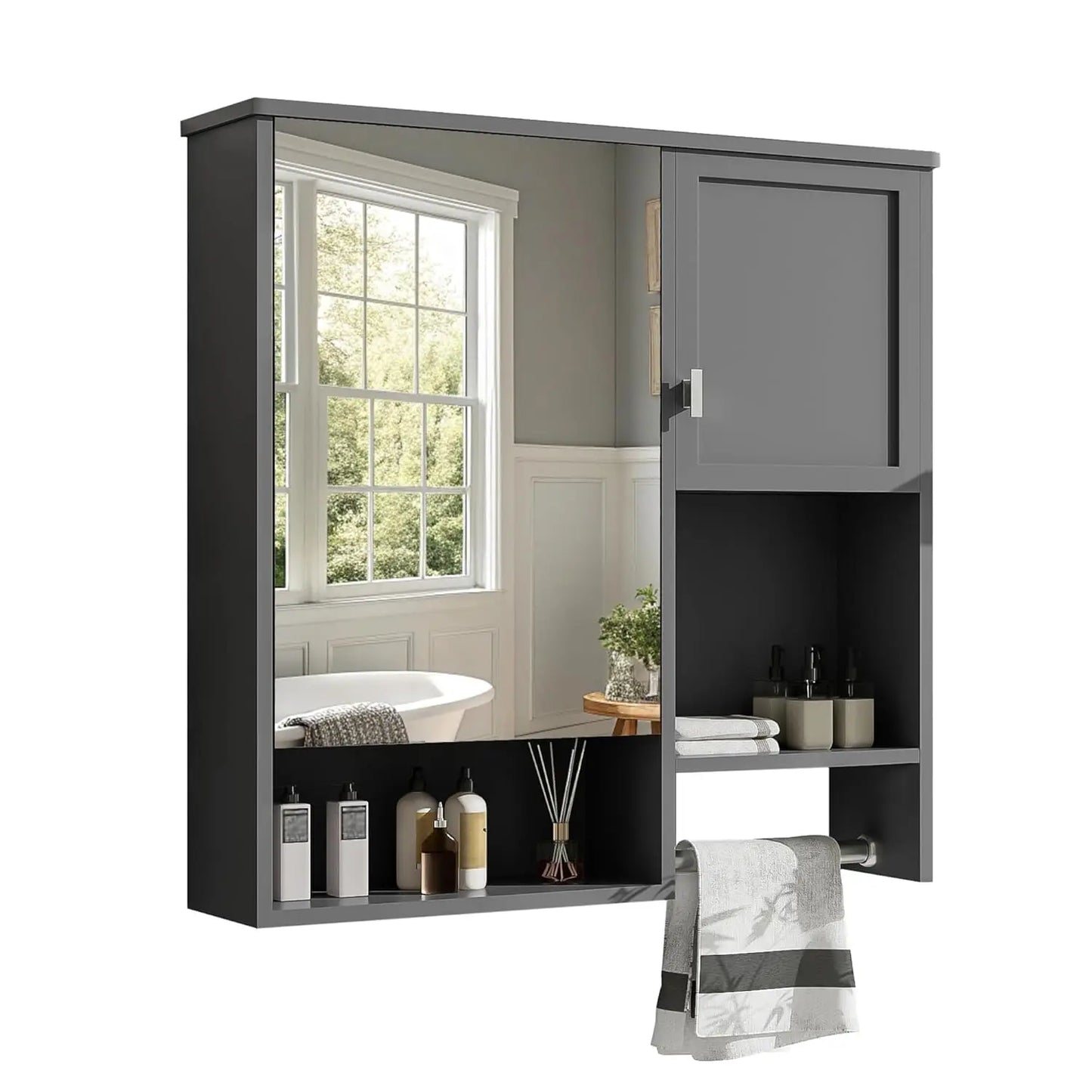 Medicine Cabinet for Bathroom, Wall Mount Bathroom Cabinet with Mirror, Open Shelf, and Towel Bar, 29.5" W x 28.7", Customized